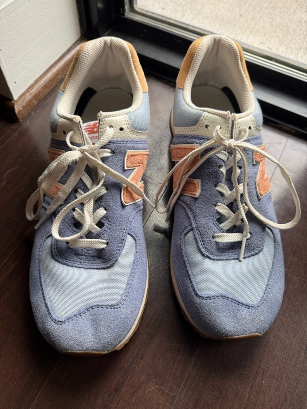 New Balance 574 Light Blue & Peach Suede-Accent Sneakers Size 10.5